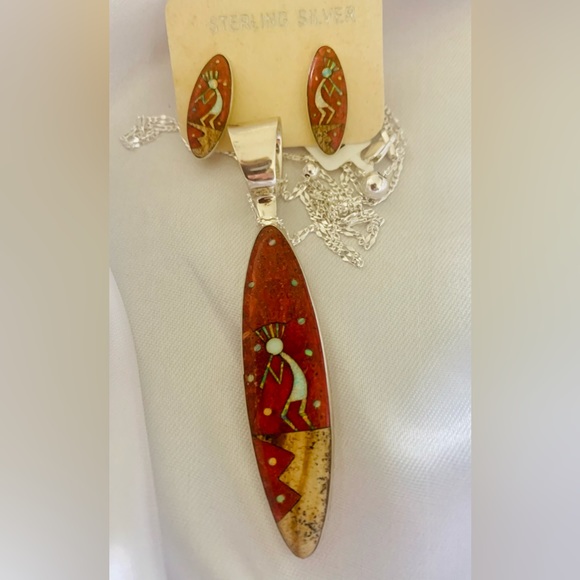 Coral & Multi Gemstone Kokopelli Earrings and Pendant on 24" adjustable SS Chain - Picture 4 of 14